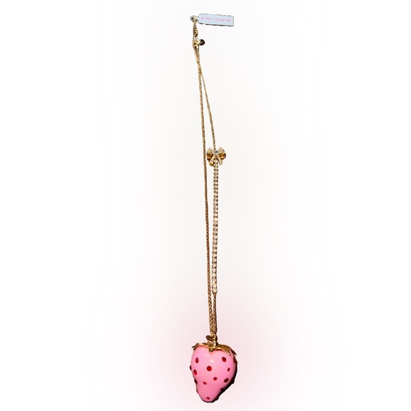 NWT Betsey Johnson Strawberry Long Pendant Necklace Pink & Gold - Picture 1 of 7